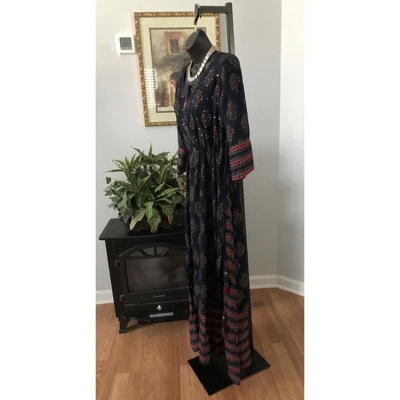 Ladies Printed Cotton Palazzo Suit Small Embellished Beads Missing Maxi Dress - Picture 3 of 13